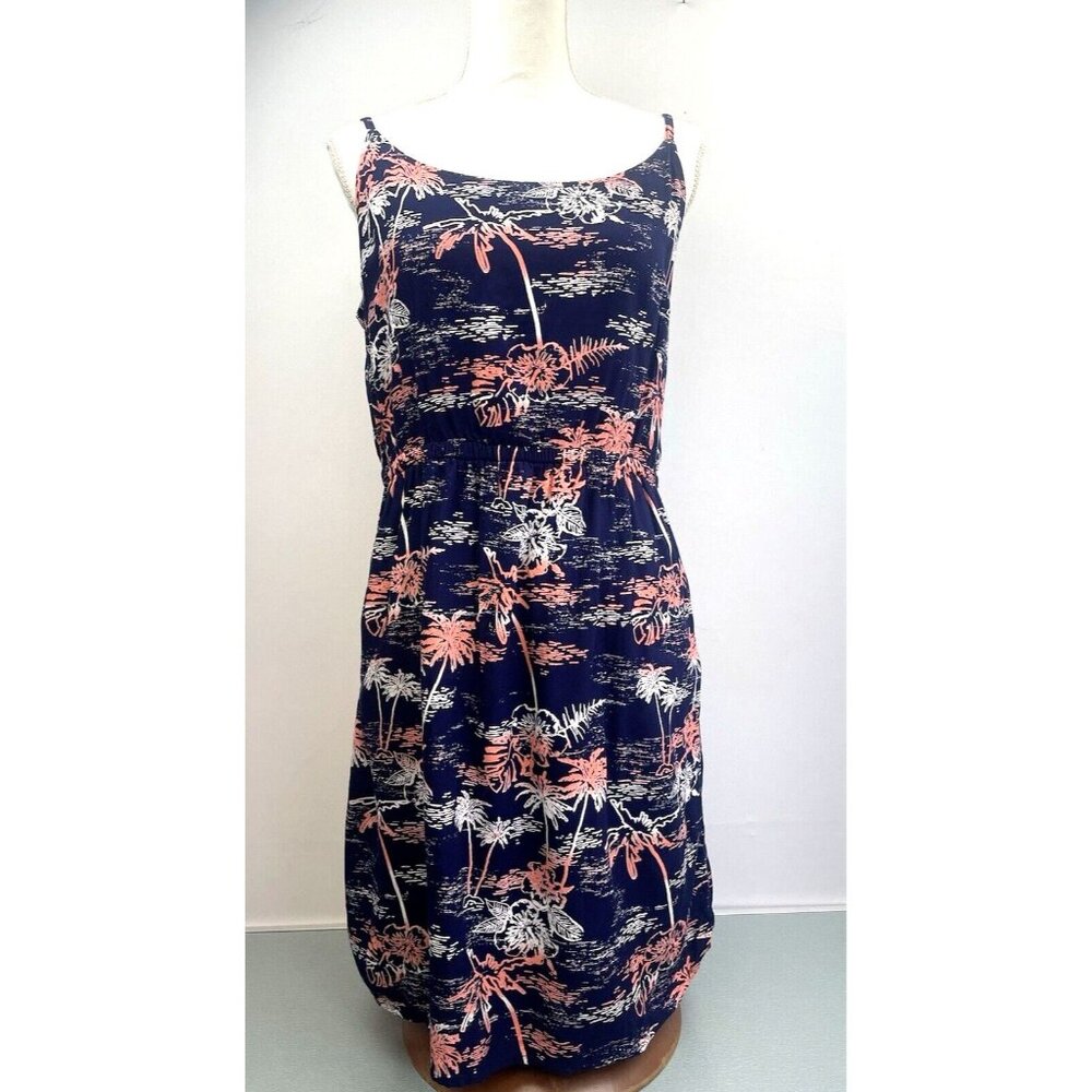 Women's Tropical Print Dress Natural Reflections in Navy Blue Lined Large